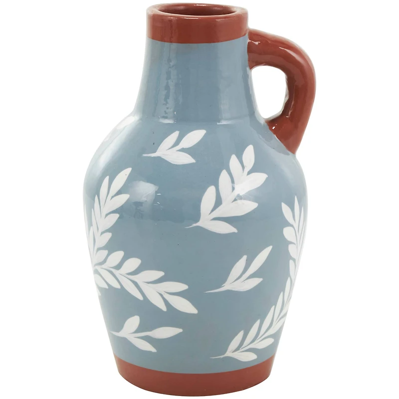 9" Blue Ceramic Floral Vase with Terracotta & White Detailing Set