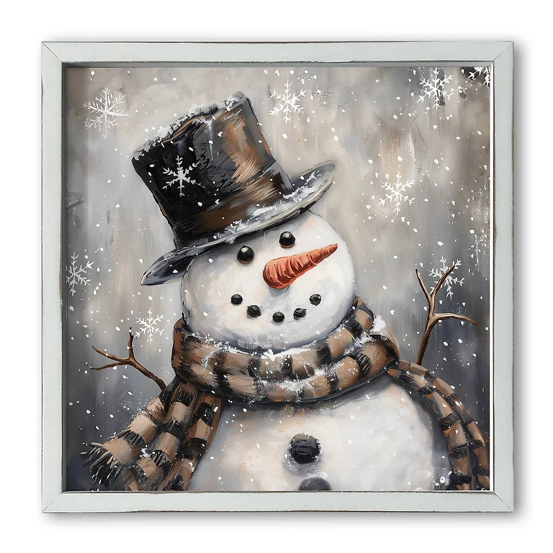 Happy Painterly Snowman 16" x 16" White Framed Print