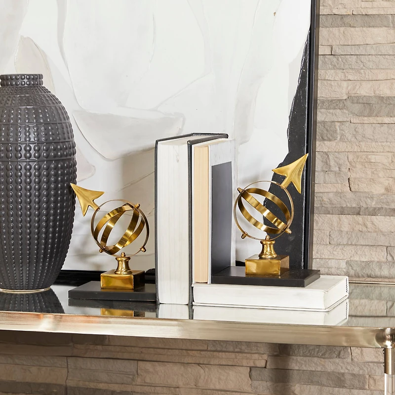 8" Gold Stainless Steel Armillary Bookends with Black Bases Set