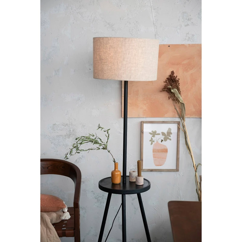 Hello Honey® 63" Natural Scandinavian Wood Table Lamp with Shelf and Linen Shade