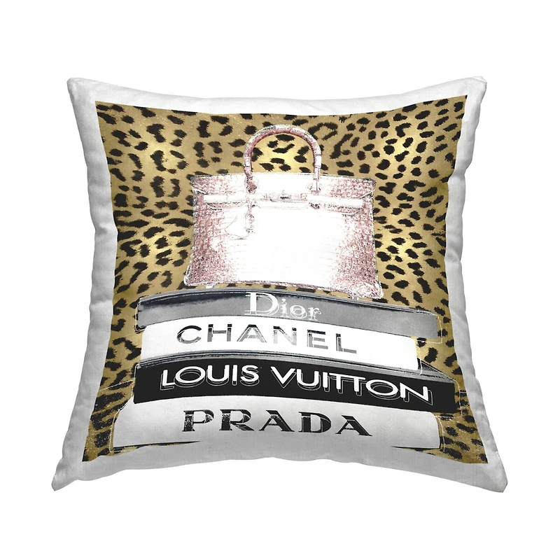 Stupell Industries Glam Handbag Fashion Book Stack Cheetah Pattern Throw Pillow 18" x 18"