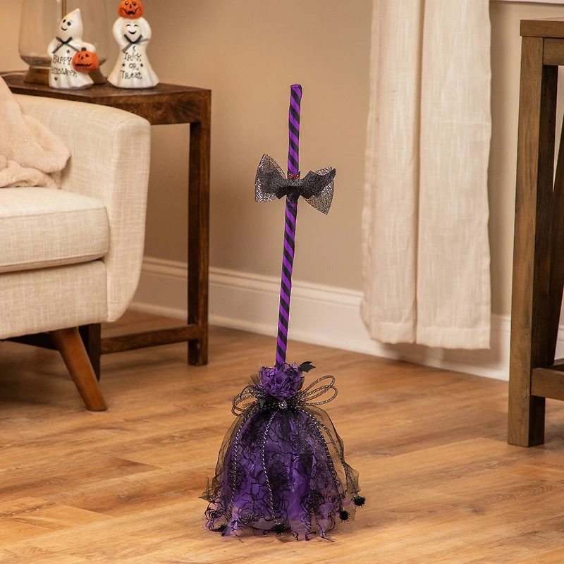 29" Purple & Black Striped Animated Witches Halloween Broom with Bat Accents