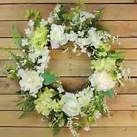 24" White & Green Peony & Rose Artificial Floral Spring Wreath
