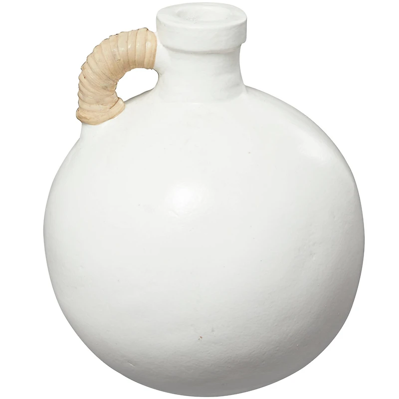 11" White Ceramic Jug Inspired Vase with Rattan Wrapped Handle