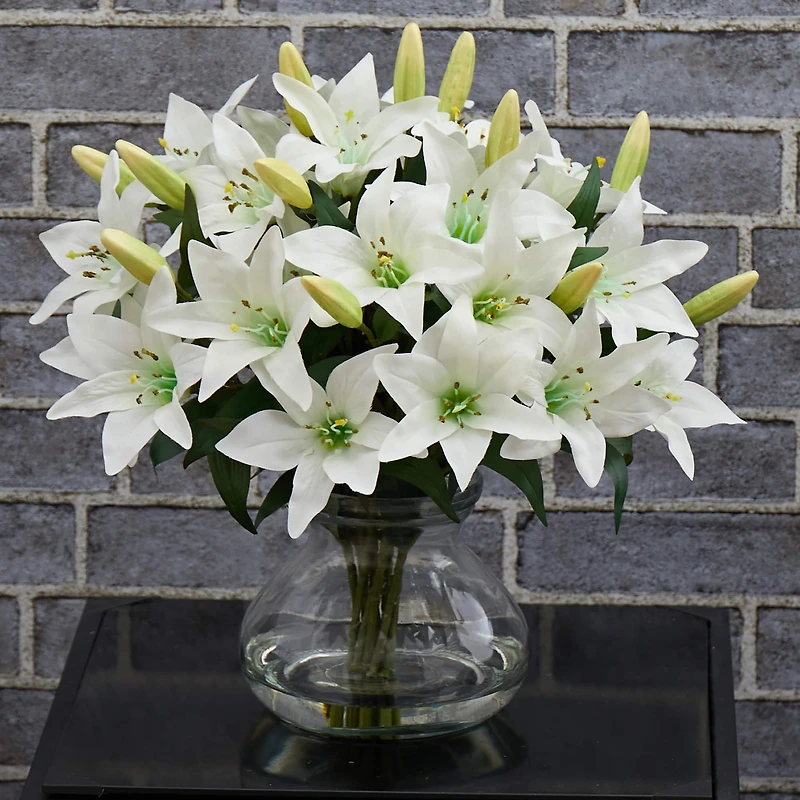 16" White Lily Silk Arrangement with Glass Vase