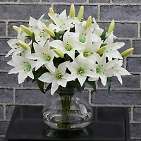 16" White Lily Silk Arrangement with Glass Vase