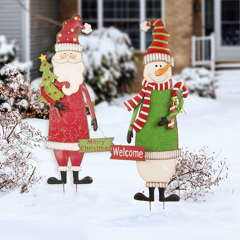 Glitzhome® 3ft. Metal Snowman & Santa Yard Stake Set
