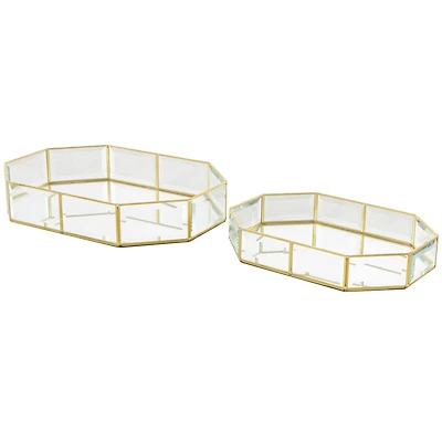 Clear & Gold Beveled Glass & Metal Wide Octagon Jewelry Box Set
