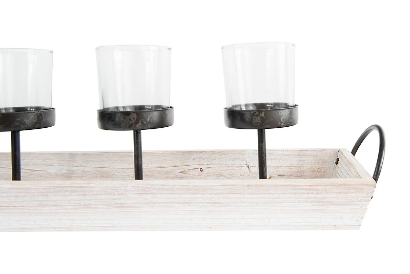 Hello Honey® Rectangle Wood Tray Holder with 5 Clear Glass Votive Candleholders