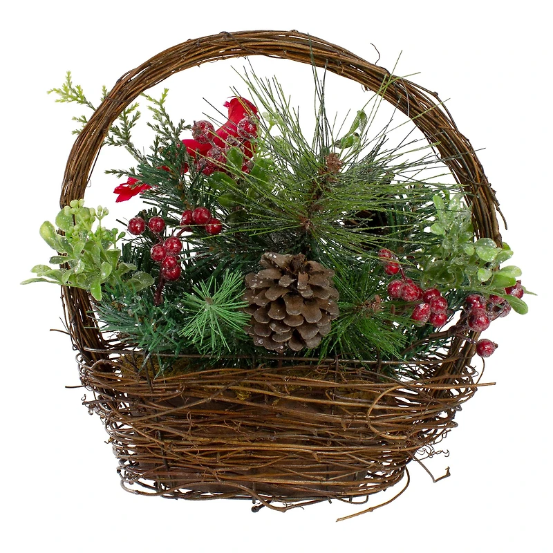 12" Red Cardinal with Foliage in Twig Basket Decoration