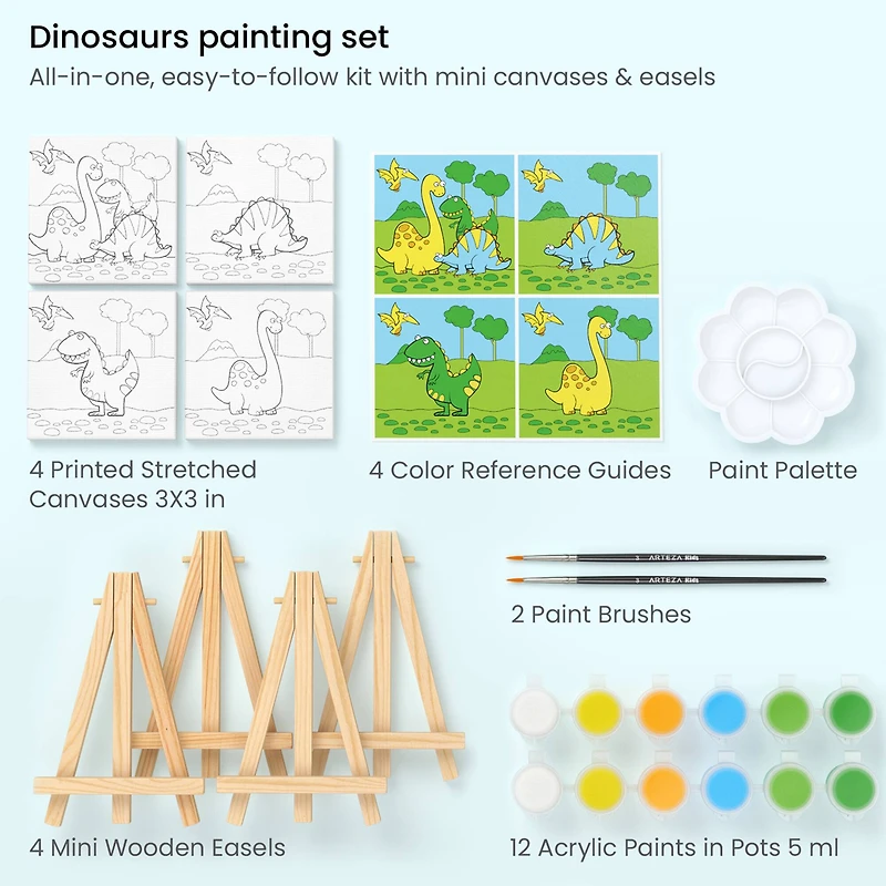 Arteza® Kids Canvas Paint Kit, 4 Mini Canvas- 3 x 3 with Easel, Dinosaurs