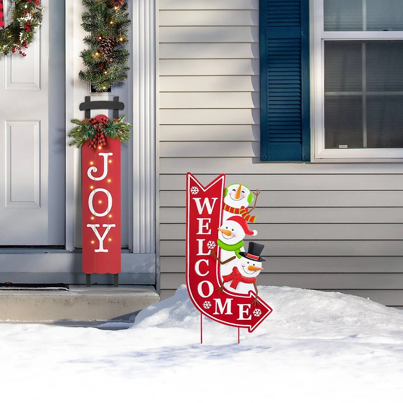 Glitzhome® 35.75" Metal Christmas Snowmen Arrow Welcome Yard Stake