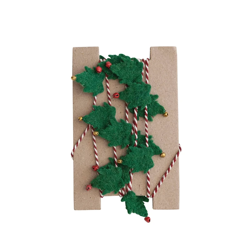 Hello Honey® 6ft. Handmade Wool Felt Green Leaves with Red & Gold Jingle Bells Garland