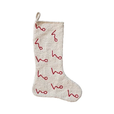Hello Honey® 20" Natural White & Red Woven Cotton Stocking with Embroidered Ho Ho Ho Pattern