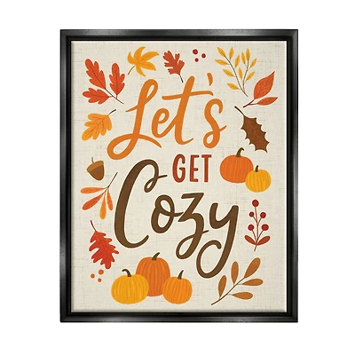 Stupell Industries Lets Get Cozy Autumnal Leaf Sprigs Framed Floater Canvas Wall Art