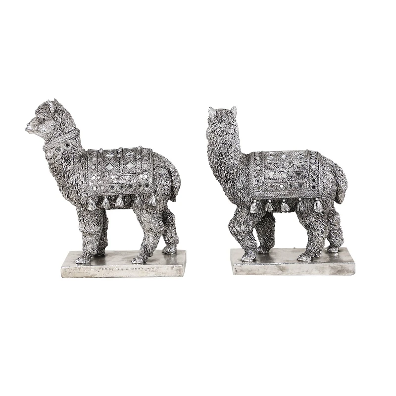 Set of 2 Silver Resin Eclectic Llama Sculpture, 10", 9"