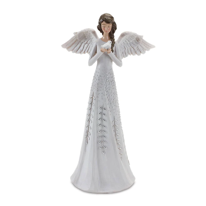 12" Angel Figurines with Silver Floral Accent Set