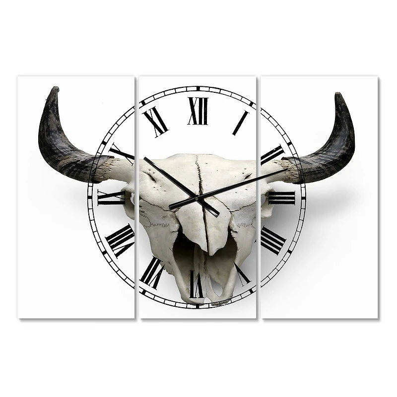 Designart White Cow Skull With Black Horns Oversized Farmhouse 3 panel Wall Clock