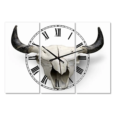 Designart White Cow Skull With Black Horns Oversized Farmhouse 3 panel Wall Clock
