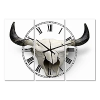 Designart White Cow Skull With Black Horns Oversized Farmhouse 3 panel Wall Clock