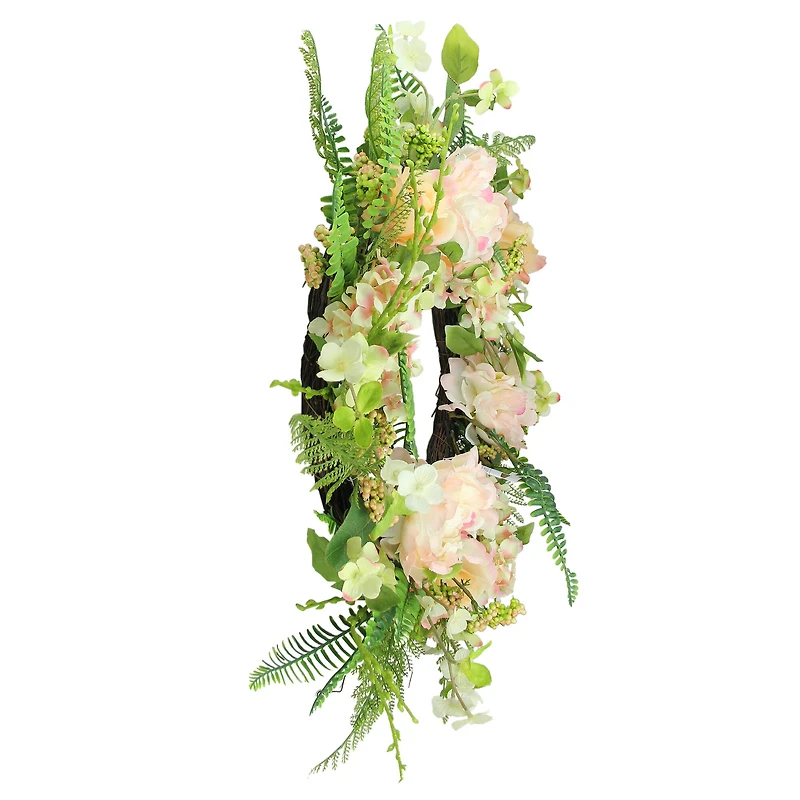 24" Pink & Green Rose & Peony Floral Artificial Spring Wreath