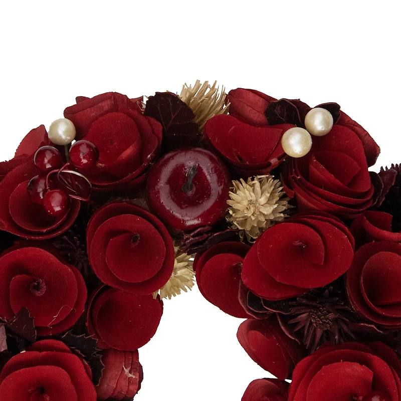 12" Unlit Red Wooden Rose Apple & Faux Pearl Artificial Valentines Wreath