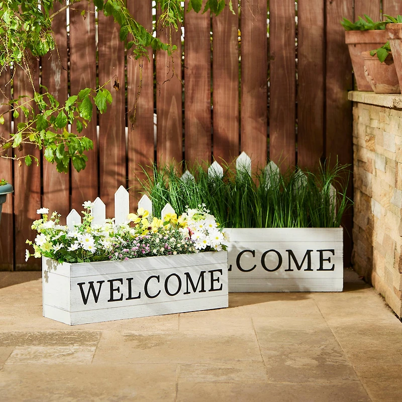 Glitzhome® White Wood WELCOME Fence-Inspired Planter Stand Set