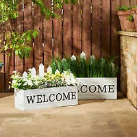 Glitzhome® White Wood WELCOME Fence-Inspired Planter Stand Set