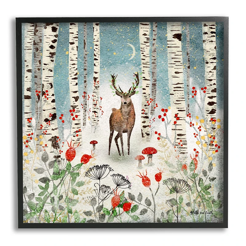 Stupell Industries Deer In Nighttime Birch Forest Black Framed Giclee Art