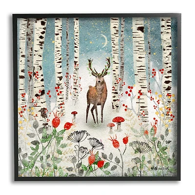 Stupell Industries Deer In Nighttime Birch Forest Black Framed Giclee Art