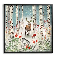 Stupell Industries Deer In Nighttime Birch Forest Black Framed Giclee Art