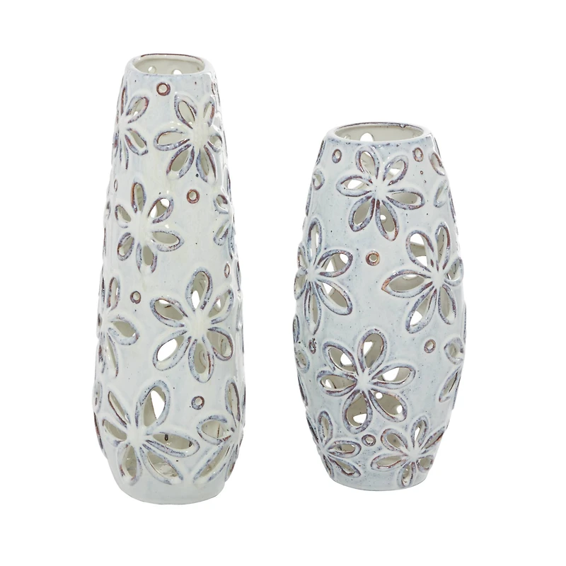 Set of 2 White Ceramic Farmhouse Vase 14", 11"