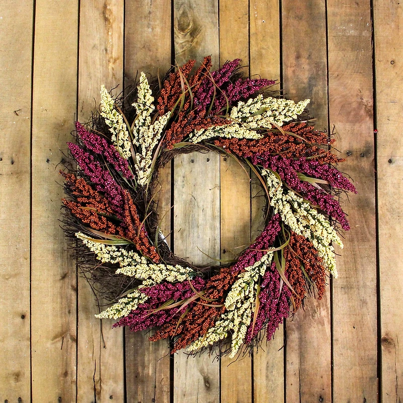 22" Pink & Orange Autumn Harvest Mixed Heather & Grapevine Wreath