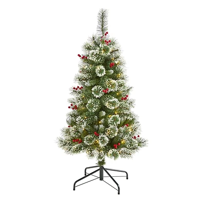 4ft. Pre-Lit Frosted Swiss Pine Artificial Christmas Tree with Berries, Clear LED Lights