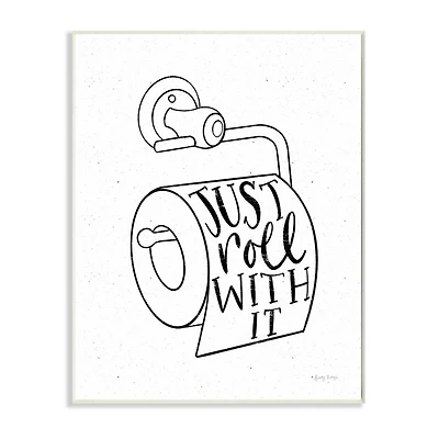 Stupell Industries Just Roll With It Toilet Bathroom Humor Word Pun Wood Wall Plaque