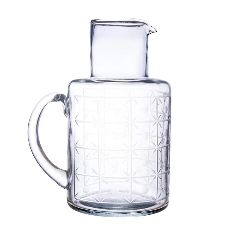 Hello Honey® 32oz. Clear Hand-Blown Etched Reclaimed Glass Pitcher with Tall Neck & Handle