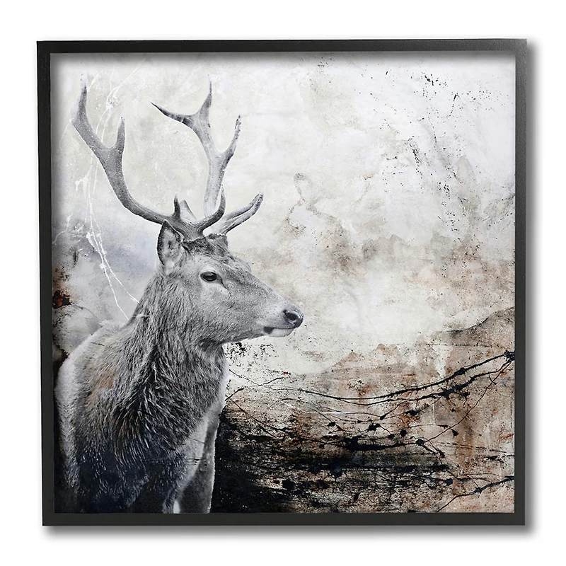 Stupell Industries Elk Antler Portrait Rustic Abstract Landscape Black Framed Wall Art