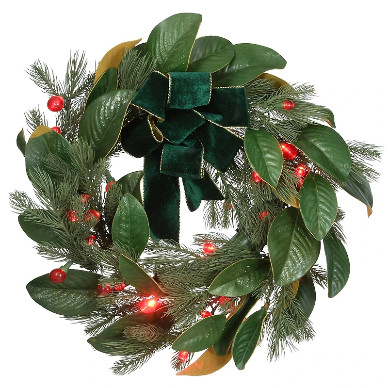 24" LED Berry Pre-Lit Magnolia Mixed Pine Wreath