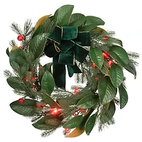 24" LED Berry Pre-Lit Magnolia Mixed Pine Wreath
