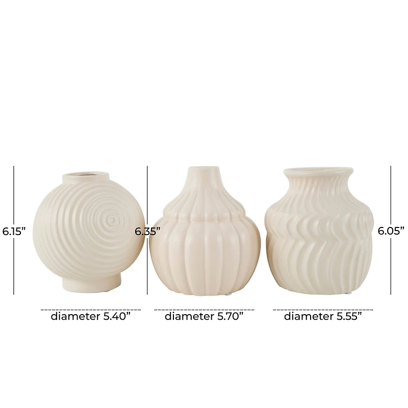6" Cream Ceramic Abstract Textured Vase Set