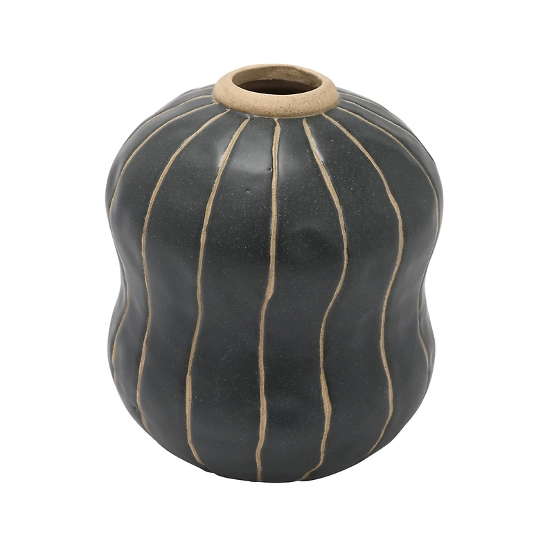 Hello Honey® 6" Black & Cream Stoneware Vase with Wax Relief Stripes