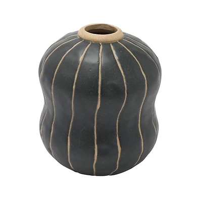 Hello Honey® 6" Black & Cream Stoneware Vase with Wax Relief Stripes