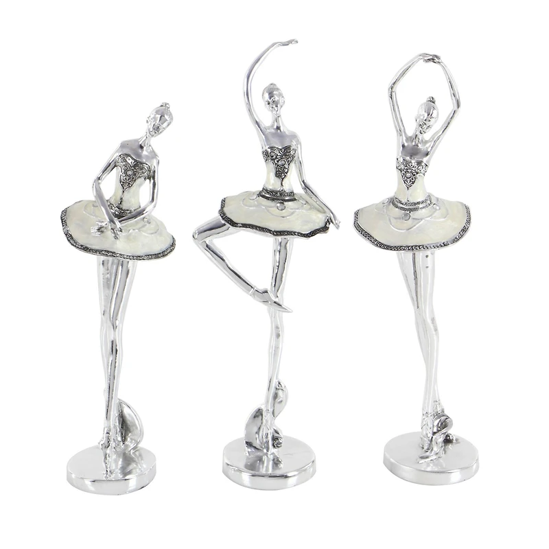 Set of 3 Silver Polystone Modern Dancer Sculpture, 18", 18", 16"