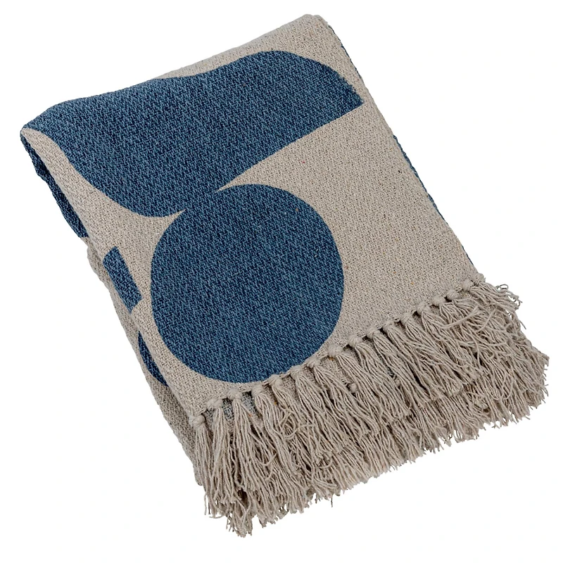 Hello Honey® Blue & Beige Abstract Design Printed Woven Reclaimed Cotton Blend Throw Sheet with Fringe