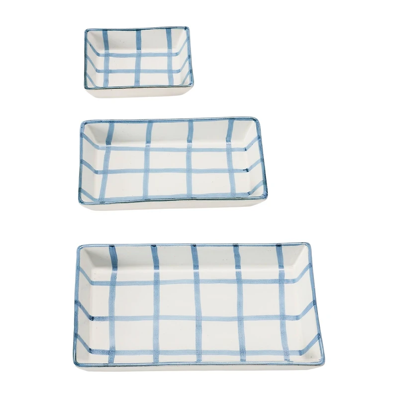Hello Honey® Blue & White Grid Pattern Stoneware Trays Set
