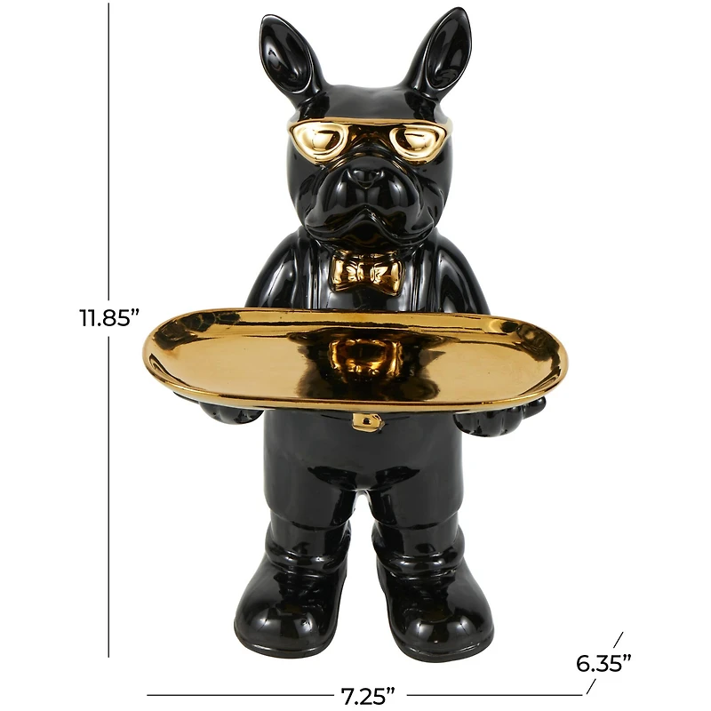 11.75" Black Ceramic Bulldog Sculpture with Golden Platter Décor
