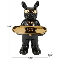 11.75" Black Ceramic Bulldog Sculpture with Golden Platter Décor
