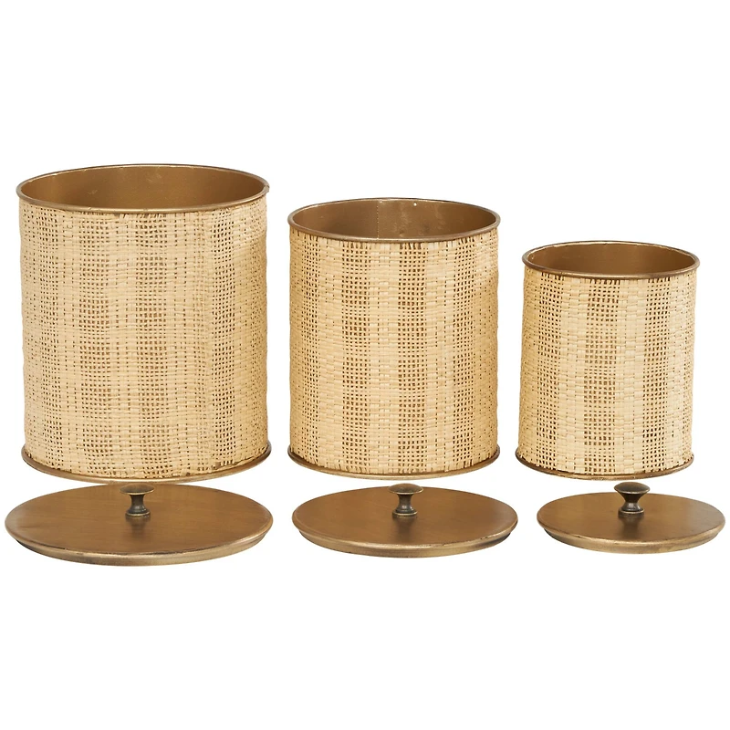 Beige & Gold Woven Paper Decorative Jar Set