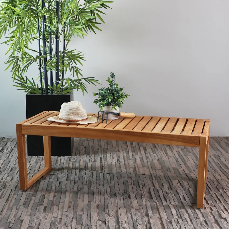 47" Brown Teak Wood Slatted Outdoor Accent Table