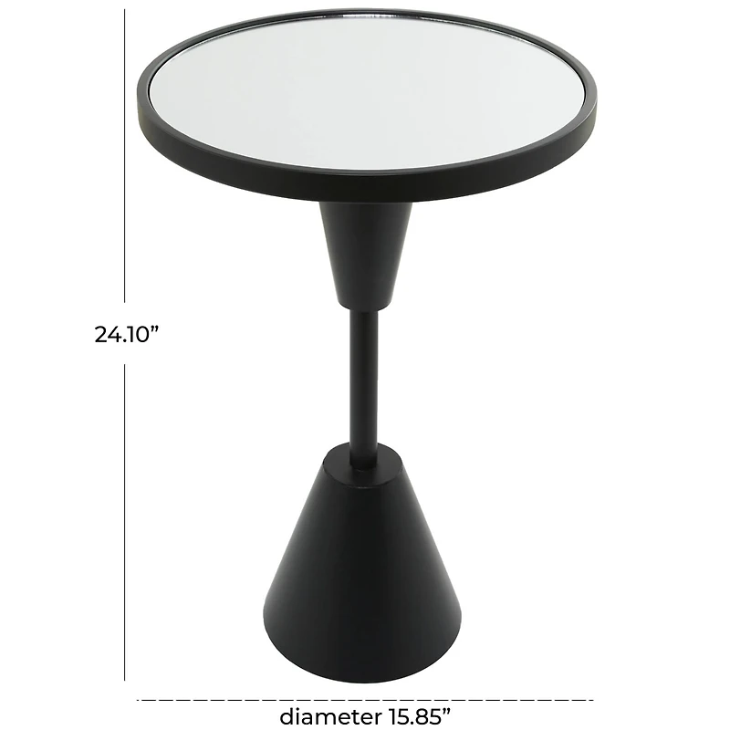 Black Metal Pedestal Base Accent Table with Mirrored Glass Top 16" x 16" x 24"